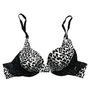 Victoria's Secret Leopard Lace Trim Push Up Bra Black White 36A